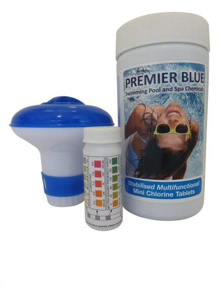 Premier Blue Multifunction Chlorine Tablets Kit with Dispenser & Test Strips - Pool, Hot Tub & Spa
