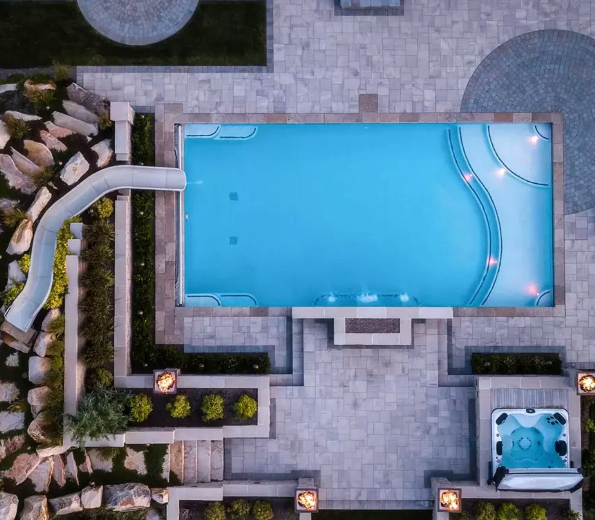 Aerial view of luxury pool and spa layout